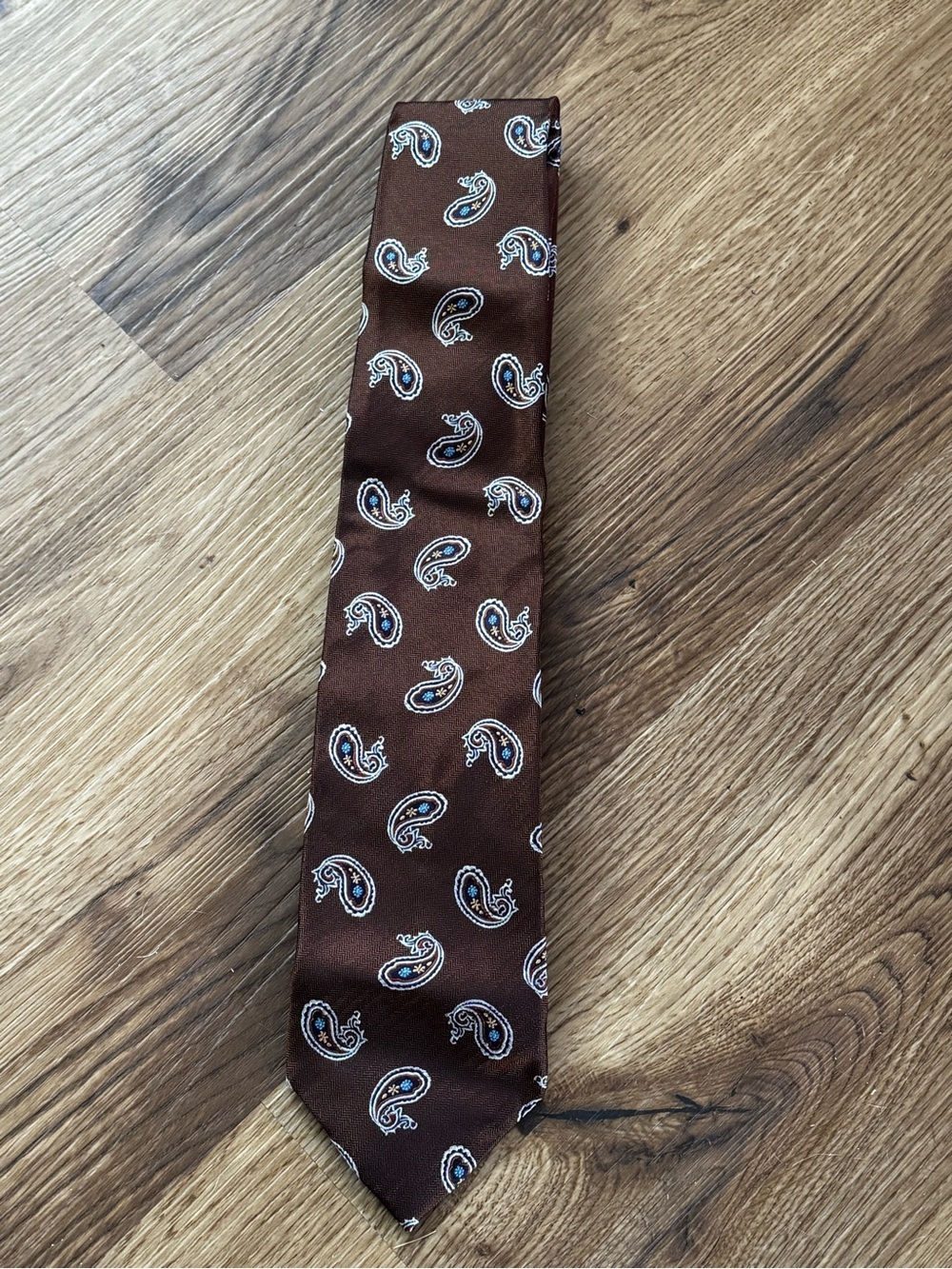 Jos. A. Bank Brown Paisley Silk-Feel Tie with White & Blue Accents